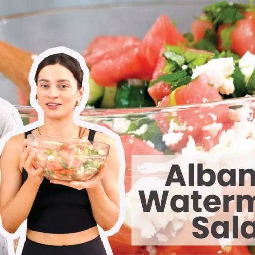 Xhulio and Kiara cooking Albanian Watermelon Feta Salad
