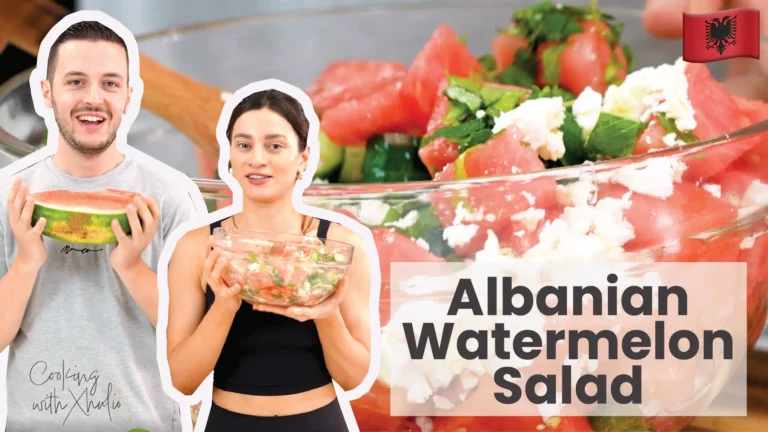 Xhulio and Kiara cooking Albanian Watermelon Feta Salad